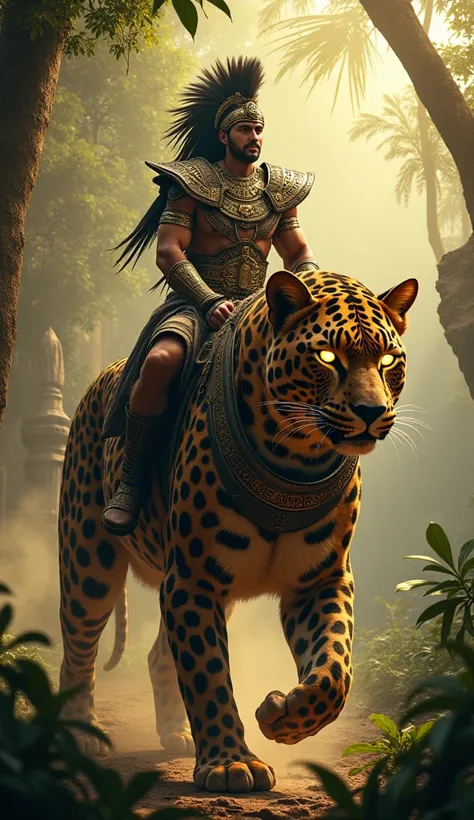 An epic warrior riding a giant leopard in an ancient jungle setting. The warrior wears intricate, Aztec-style armor with feathered headdresses, golden and bronze details. The jungle is lush with greenery, ancient stone temples, and a mystical atmosphere. T...