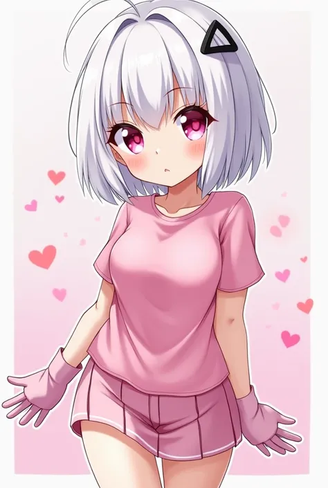 Skin color white as snow, Short white hair with bangs with a black X-shaped clip,light and bright pink eyes,Short pink colada top, And pink gloves , short pink mini skirt ,white sneakers , Big breasts ,anime,fly away,thin,with cute scenery ,adult