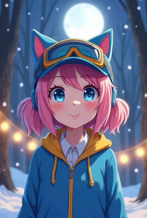 irl, fair skin, pink shoulder-length hair styled into low pigtails, parted side bangs, bright blue eyes, delicate but full pink eyebrows, rosy cheeks, cheerful smile, wearing a blue baseball cap with a yellow visor, protective goggles perched on top, cute ...