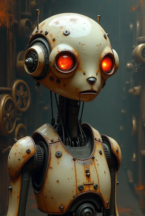 Create a character portrait of an old droid from the star wars universe in the style of Netflixs Arcane, featuring a painterly aesthetic with visible brushstrokes, dramatic lighting, and intricate details. Use a bold color palette with strong contrasts, bl...