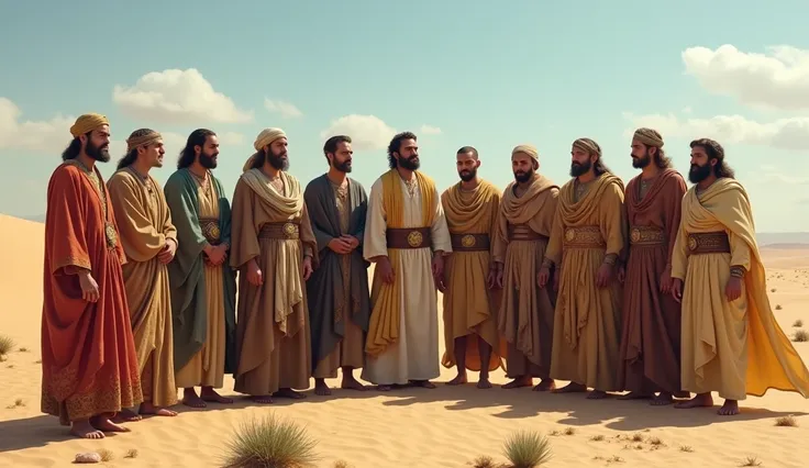 Create a hyperrealistic high-resolution image of the 12 tribes of ancient Israel Jacobs sons in the desert are wearing refined clothes from the time of the patriarchs 