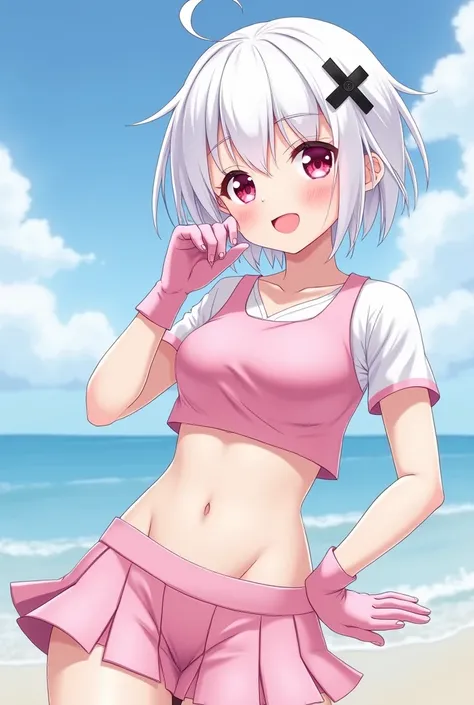 Skin color white as snow, Short white hair with bangs with a black X-shaped clip,light and bright pink eyes,Short pink colada top, And pink gloves , short pink mini skirt ,white sneakers , Big breasts ,anime,fly away,thin,with cute scenery ,Big adult