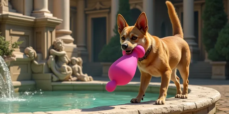 Renaissance times near a fountain in Rome, a dog carries a pink Falos vibrator in its mouth