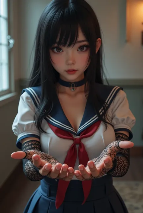 A sexy Japanese high school girl with big boobs wearing lace gloves is showing her palms here