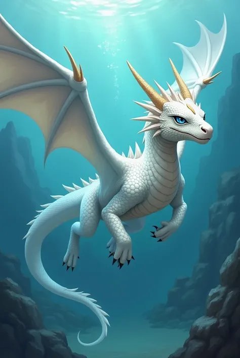 A white dragon with blue eyes and he has Ivory near his mouth and he has no thorns around his head and medium wings he is aquatic