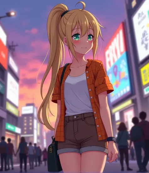  A 17-year-old anime-style lady , To Love Ru, Stops at Shibuya train station in Tokyo ,  with some people around during the afternoon with a purple and orange sky ,  measures 1 , 69 cm high ,  her measurements are Bust 70 ,  Waist 39 , Hips 70 ; She has 43...