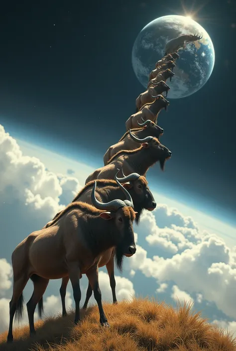 A wildebeest orbiting the Earth and a row of wildebeest  ,  on top of each other leaving the Earth until it reaches the one that is orbiting it 