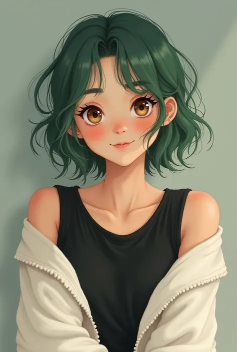 A girl with short green curly hair, brown eyes. A soft smile on her face. A white sweater falling off her shoulders. There is a black T-shirt under the sweater.