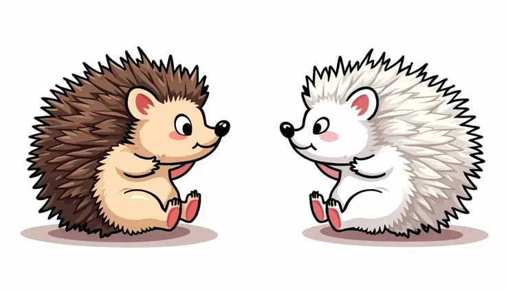 Generate an image with a colored illustration of adorable hedgehog rolling into a ball on the left side, and the same illustration in a black-and-white outline on the right side. Include spiky back and little feet to enhance the image. Both sections should...