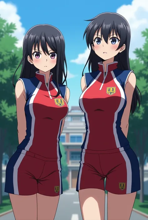 Rei Todoroki and Fuyumi Todoroki academy sports uniform u.a, Hands behind the back, ashamed.curves