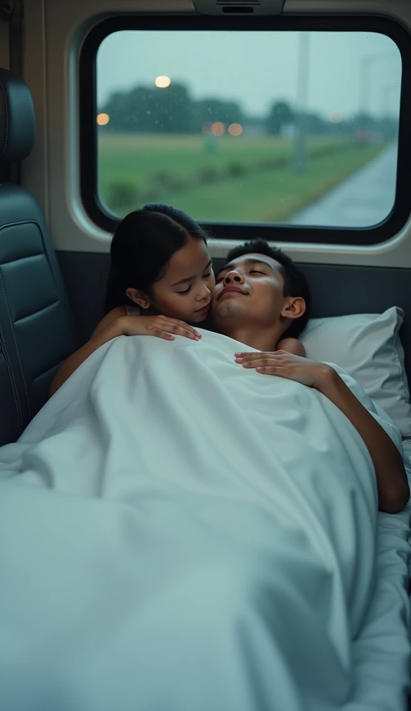  Little  daughter ,  hugging her fathers body covered in white cloth inside an ambulance car, under a gray afternoon sky ,  with small raindrops starting to fall . 4K, 8k, HD, Realistic,  professional photograph , ( Indonesian face ) 