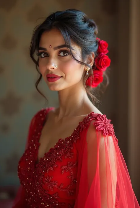 Beautiful bride wearing red western net long dress and wearing indian sindur on her forehead and wearing red roses on her hair bun and without wearing any jewelry 