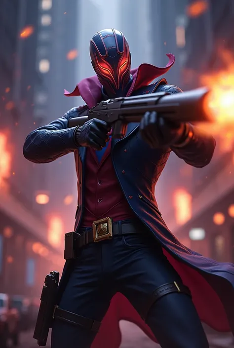 Jhins character design from leage of legends, with charismatic mask, shooting, Screams, Explosions in background, gun in holster, Arcane style, highly detailed CG unity 8k wallpaper, detailed lighting, Cinematic lighting, chromatic aberration, sparkly, exp...