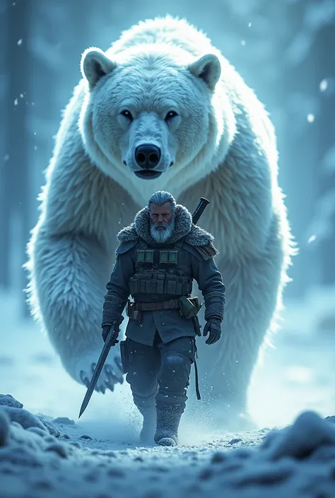 Ultra-realistic, high resolution, 8K, smooth image. A battle-hardened warrior, fully equipped with modern combat gear, advances with a determined expression, holding a sword firmly in his hand. Behind him, a massive bear glowing with radiant icy light marc...