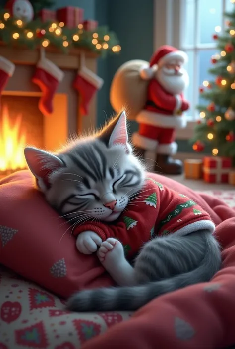 

“A highly detailed and realistic illustration of a small, fluffy gray kitten wearing adorable Christmas-themed pajamas, peacefully sleeping in its cozy bed. The kitten has soft, silvery-gray fur with faint darker stripes, giving it a lifelike and natural...