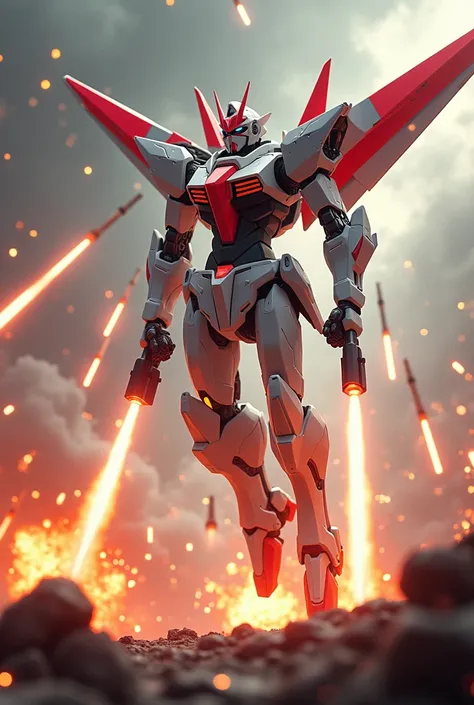  white and red robot  ,  with two arms that have a sharp spear ,  wings extended leaving a trail of light as it launches hundreds of missiles to the ground.