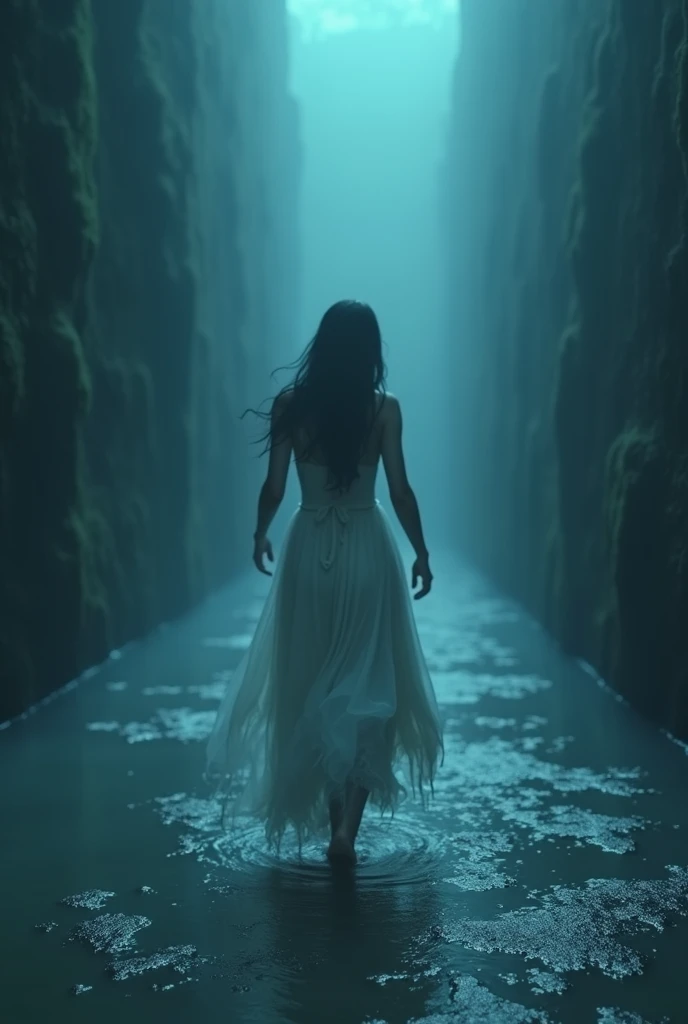 A dark endless space that runs backwards in dark blue .  A figure in a blurred wedding dress with arms hanging down runs to this light. The ground is the sea .  The person and the dress are soaked 