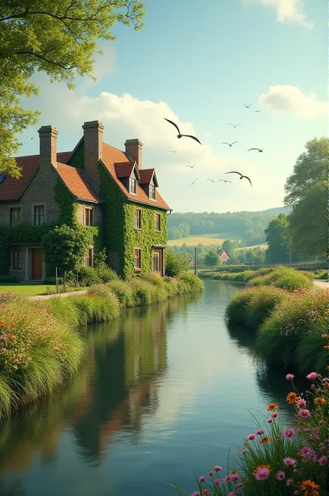 Hotel in the south of UK ,river, birds,flowers in the pic ,birds in the sky