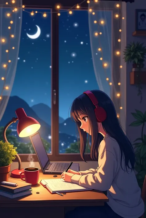 "an anime-style scene of a girl with headphones studying at her desk at the morning t. she has long hair, wears a cozy sweater, and is focused on writing in a notebook. a steaming coffee mug sits beside her on the desk, which is illuminated by a warm desk 