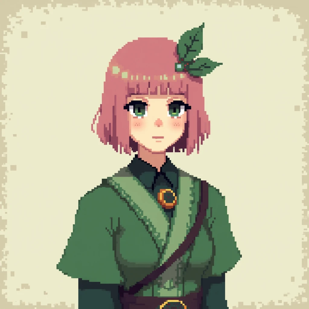 woman with short straight pink hair ,com roupas verdes,But clothes that resemble an Aqueira from medieval times,  and a small green flower on her head,  in pixel art , in 80x80 