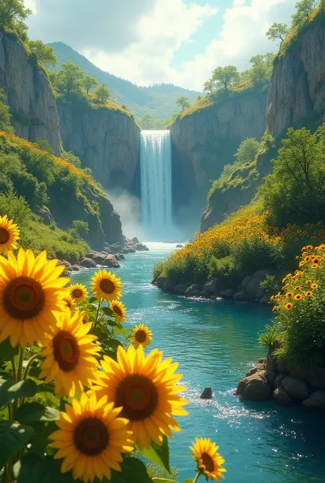 Sunflower Landscape with a Waterfall and a River