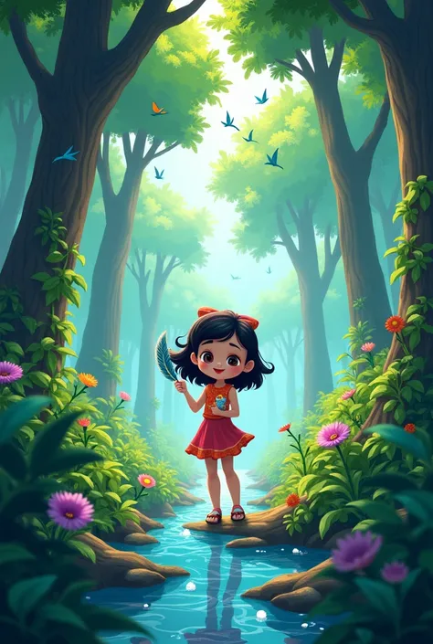 A vibrant jungle with tall trees, colorful birds, and a  small girl (look like cartoon)named Hajira holding a shimmering feather near a sparkling stream.