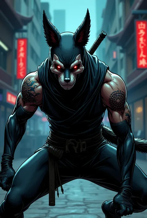 A stealthy ninja wearing a kitsune mask, illustrated in a dynamic comic book style, dark shadows, bold lines, vibrant colors, intense focus, dramatic lighting --s 120 --ar 1:1 --no text