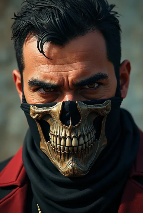 A Mexican mulatto guy has short hair with a bandana on his face with a skull made of rdr2