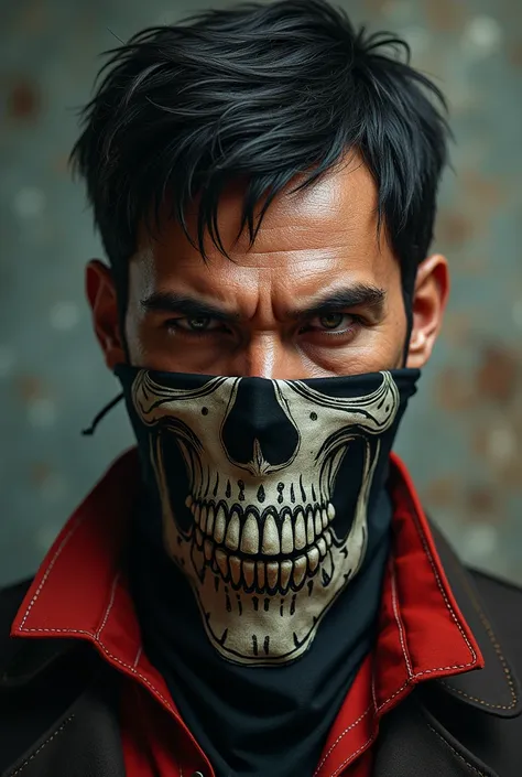 A Mexican mulatto guy has short hair with a bandana on his face with a skull made of rdr2