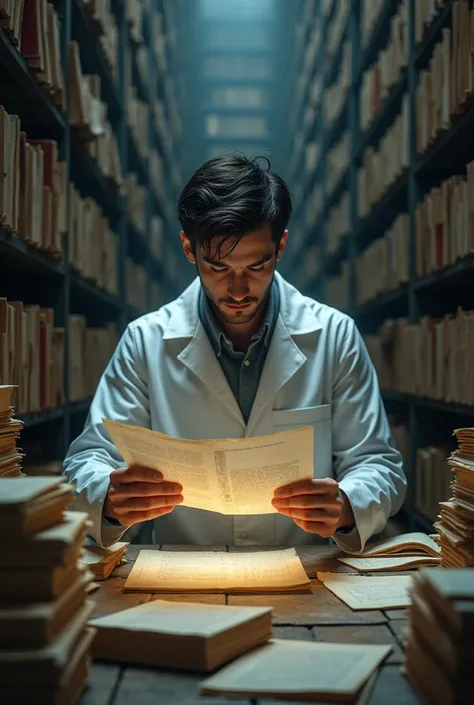 Young male doctor,Archive of , documents distracting