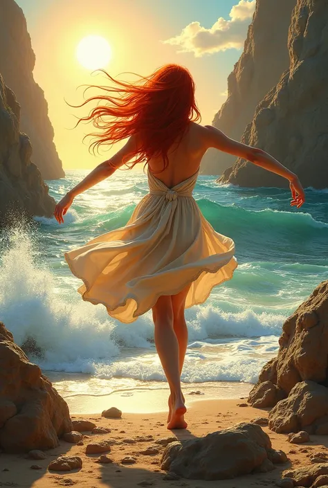 Facing the sun, redhead dancing, rock stule, the sea