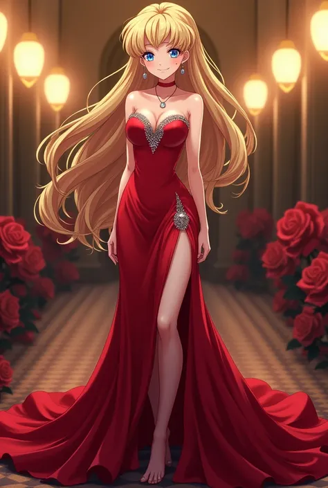 A high-resolution image of Serena Tsukino, a Young Adult from the anime sailor moon, with long flowing blonde hair and Chonguitos wearing an elegant red evening dress with a long skirt with slit and silver rhinestones, wearing fine jewelry with blue eyes a...