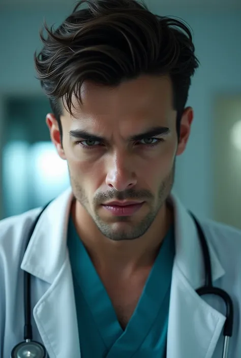 Young male doctor,There is a tense fixation on the face