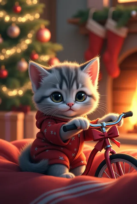 
“A highly detailed and realistic illustration of a small, fluffy gray kitten wearing adorable Christmas-themed pajamas, just waking up in its cozy bed. The kitten has soft, silvery-gray fur with faint darker stripes, giving it a lifelike and natural appea...