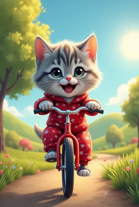 
“A highly detailed and realistic illustration of a small, fluffy gray kitten wearing adorable Christmas-themed pajamas, now joyfully riding its shiny new bicycle through a beautiful park. The kitten has soft, silvery-gray fur with faint darker stripes, gi...