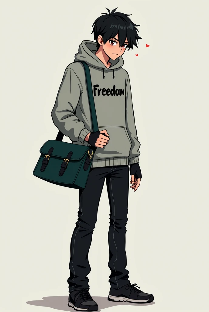 Pale Caucasian male, 19 years old Black  shaggy hair,Brown eyes, with dark rings of tiredness under them,Grey hoodie with freedom written on the back of it,black fingerless gloves, black jeans, black shoes,navy green satchel bag