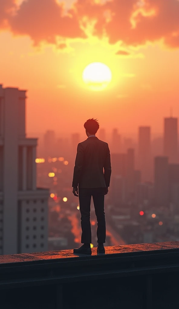 A person standing on a rooftop, gazing at the horizon of the rising sun