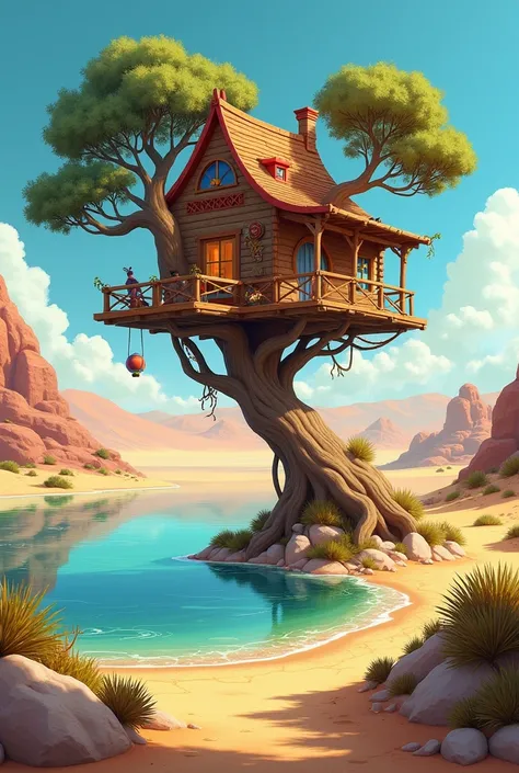 A tree house in the desert near the lake