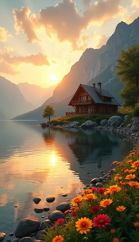 house on a lake, stones, yellow and red flowers, mountains in the background, sunset