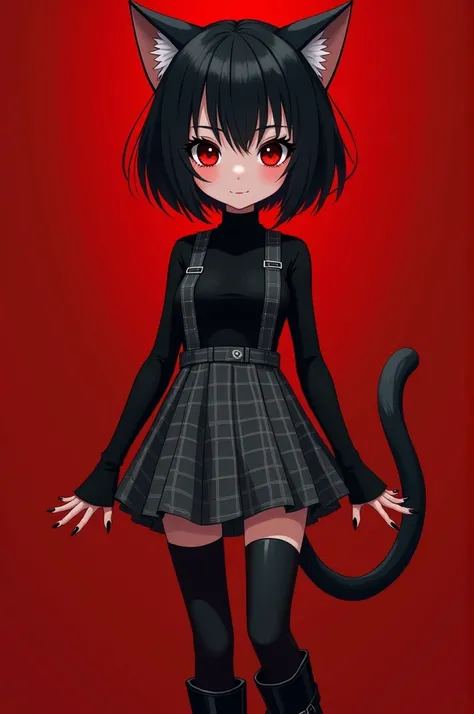 Goth girl, black turtle shirt, gray plaid skirt, black thigh highs with suspenders, black leather boots, black fingernails, black short hair, cute face, black eyelashes, red cheeks, pale skin, red eyes, anime, cat ears and cat tail, red background 