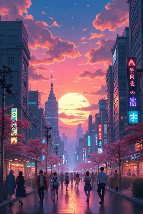 Anime city at dusk 