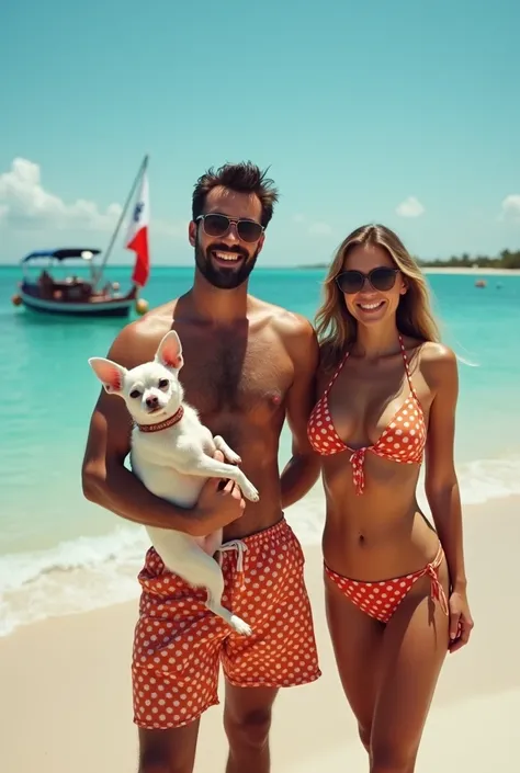 Crée-moi une image dun homme avec un chihuahua et un singe sur la plage.et rajoute moi une vraie femme en maillot de bain .mets aussi un bateau avec le drapeau français . Ajoute-moi au fond de limage un texte avec i love you