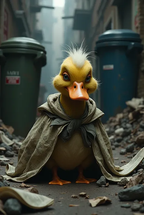 Duck wearing ripped clothes with newspaper as blanket and trash can as background