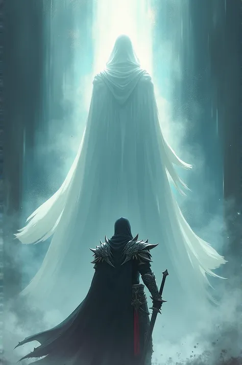 Create a person with the silhouette of a god behind him but in the anime style and that the person has armor and a sword but that the god has a white coat and that the persons face has a shadow that does not allow his face to be seen