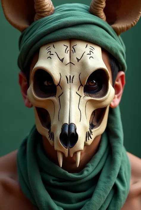  Mexican young guy 27 years old, a short-haired mulatto guy with a green bandana on his face with a skull,and the coyote skull mask, the creaking upper part of the face and the head of the eye could be seen through the eyes of the skull made of rdr2