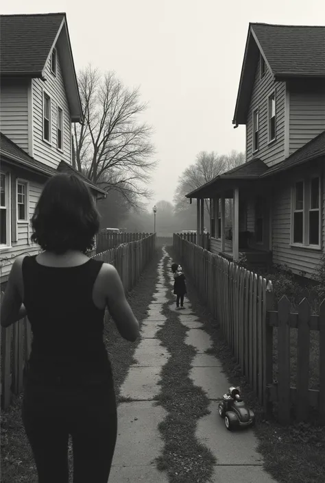 •	A split view of two houses separated by a low, slightly broken fence.
	•	One side shows a woman holding a , looking back toward the fence, while the other side hints at a man standing in shadow, his gaze distant.
	•	Subtle details like a ’s toy placed ne...