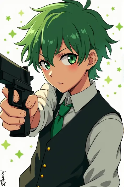 anime boy with green hair and a vest holding a gun, with index finger, handsome anime pose, manga style of kentaro miura, 4 k manga wallpaper, kentaro miura manga art style, inspired by Okumura Togyu, inspired by Okumura Masanobu, kentaro miura manga style...