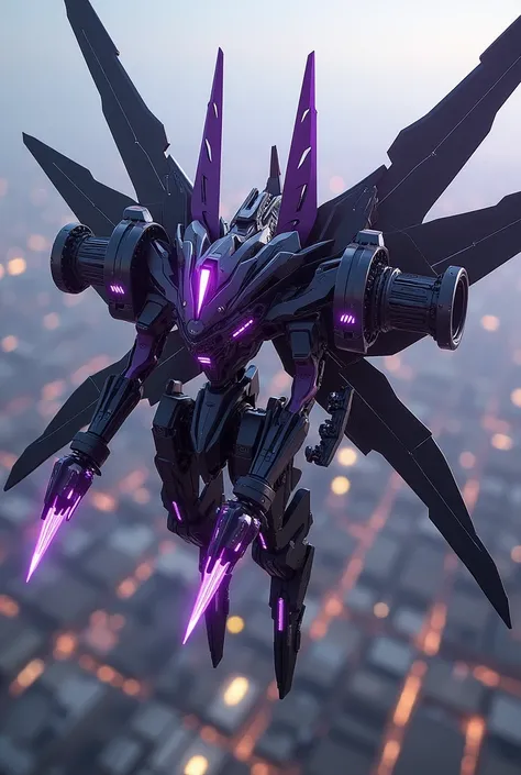 Black and purple robot , with a glowing horn and ailerons , with two turbines to propel it over a city, this one is full of weapons to fire .