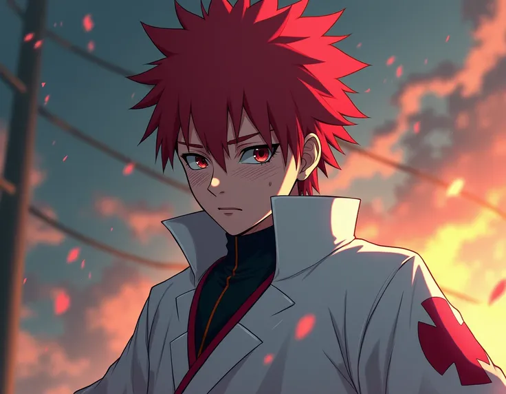 appearance:  red hair. As a medical ninja, He wears a medical gown with details of the Uchiha clan. His Sharingan is activated and he has a brave and determined expression. 