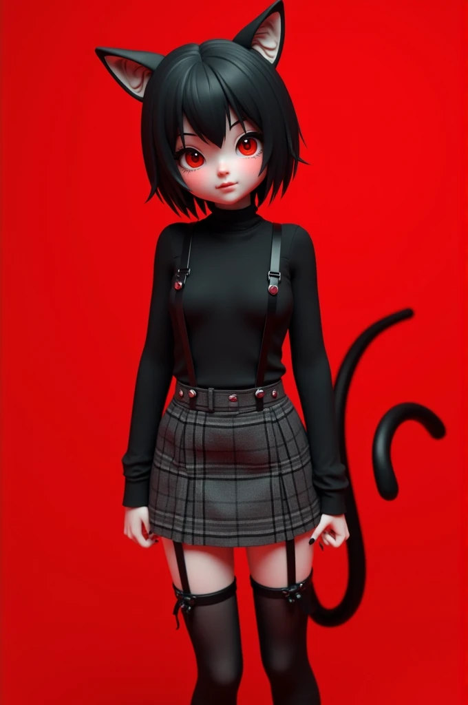 Goth girl, black turtle shirt, black thigh highs with suspenders, black leather boots, gray plaid skirt, black fingernails, black short hair, cute face, black eyelashes, red cheeks, pale skin, red eyes, anime 3d model t-pose, blender screenshot, cat ears a...